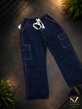 Men's Dark Blue Denim Cargo Jogger Pants – Stretch Fit with Utility Pockets