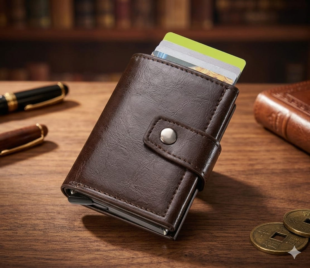 Premium Leather Pop-Up Card Holder Wallet | RFID Protection | Button Lock | Slim & Stylish Men's Wallet