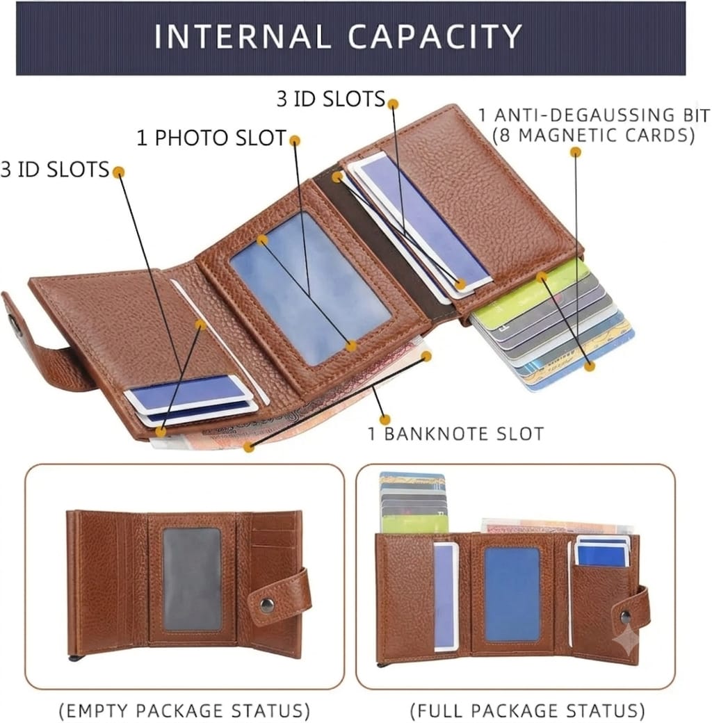 Premium Leather Pop-Up Card Holder Wallet | RFID Protection | Button Lock | Slim & Stylish Men's Wallet